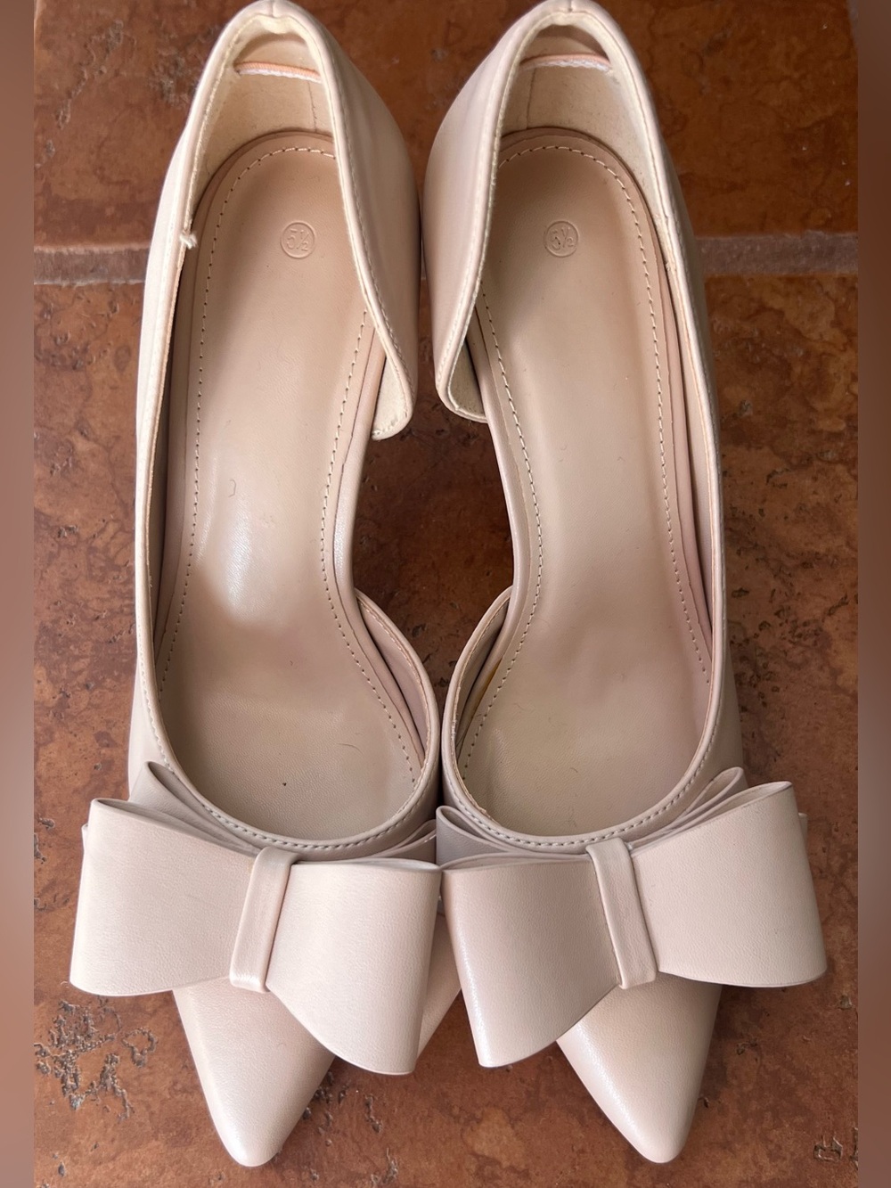 Blush Nude Pointed Toe d’Orsay Stiletto Pumps w/ Oversized Bow – Size 5.5